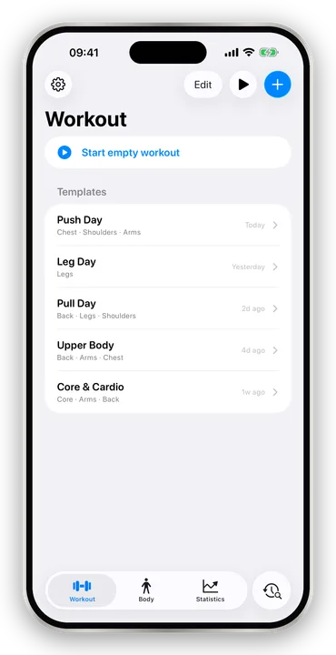 The Workout tab in Arclift, listing saved templates such as Push Day and Leg Day.