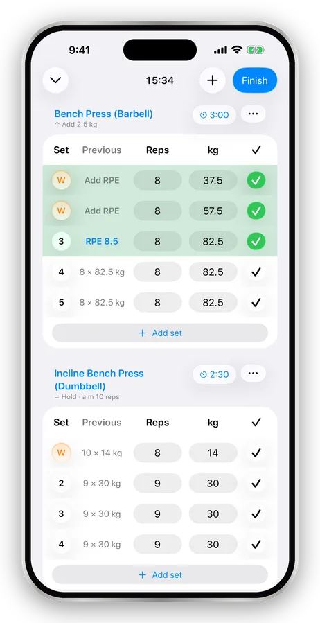 An active Arclift workout, logging sets of bench press with reps, weight and RPE.