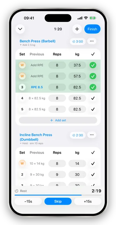 An Arclift workout with the rest timer counting down at the bottom of the screen.